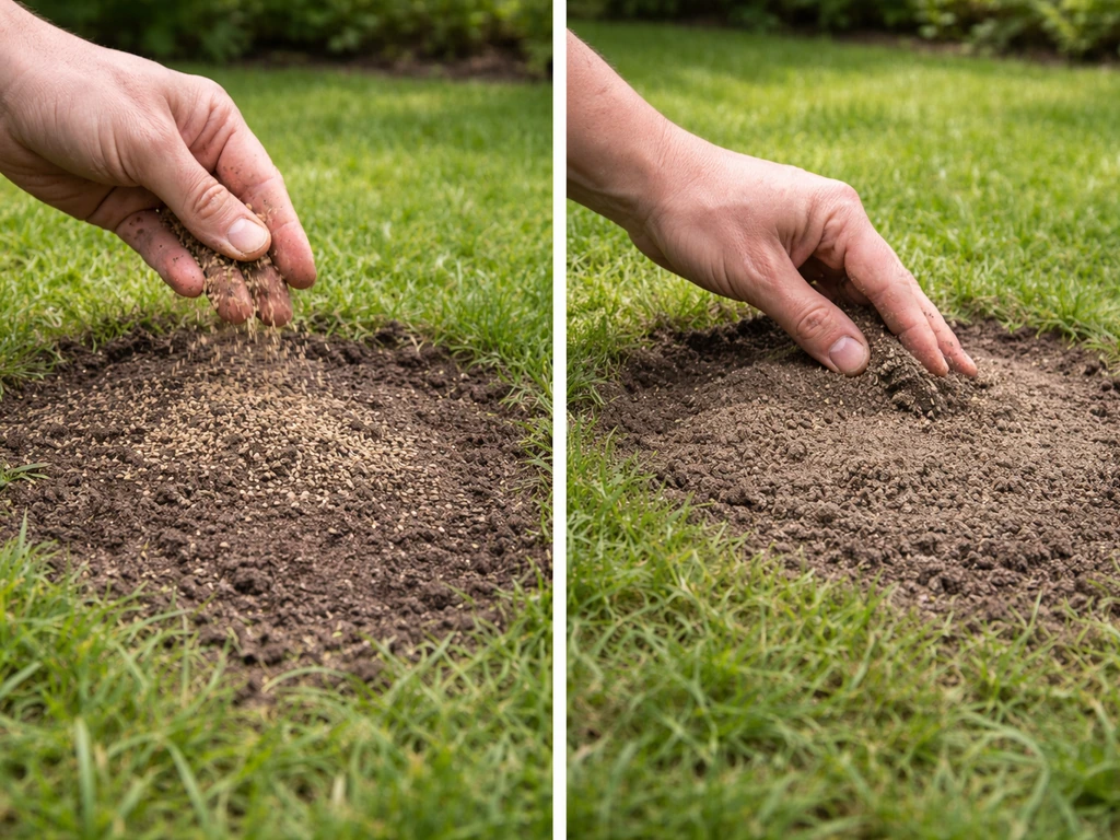 Hand die graszaad over een kale plek in de tuin strooit, met dun laagje zand/compost erop.