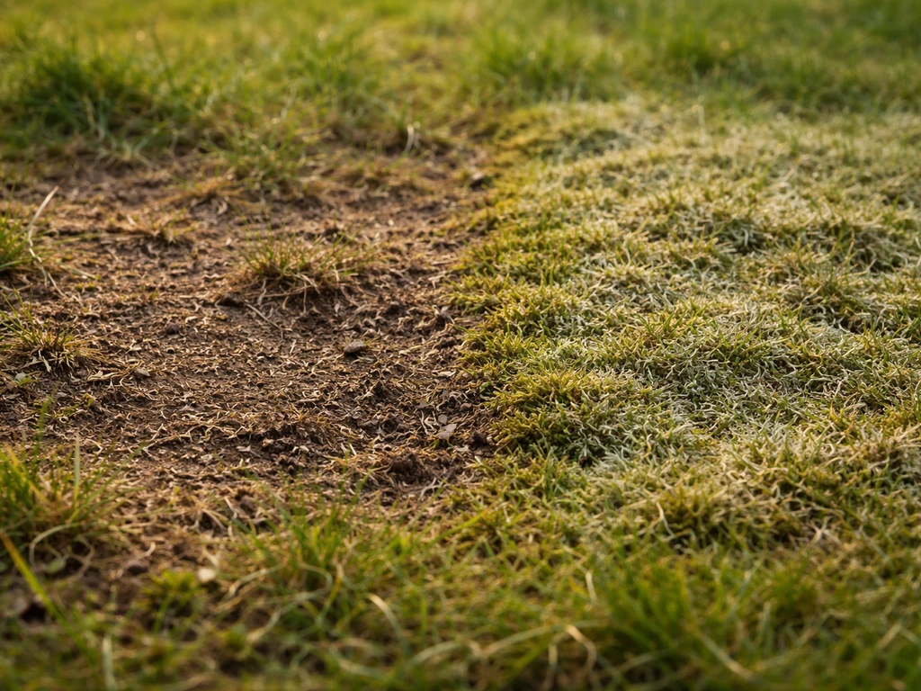 Close-up van een gazon met links kale bruine plekken en rechts mos/vilt over het gras.