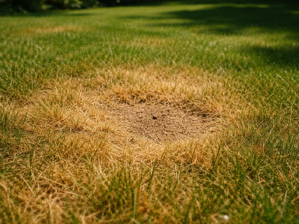Uitgedroogd en verbrand gazon in volle zon: gras verkleurt van groen naar geel/bruin.