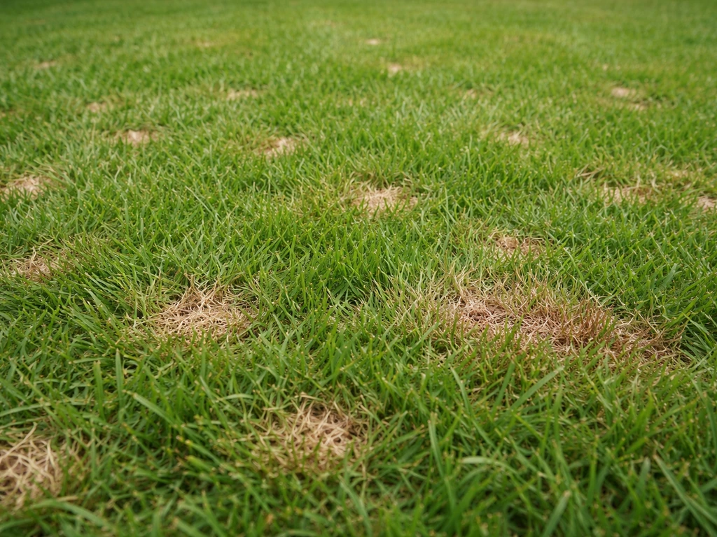 Close-up van aangetast gras met muntstukgrote bruine plekken en een subtiele rood-roze waas.