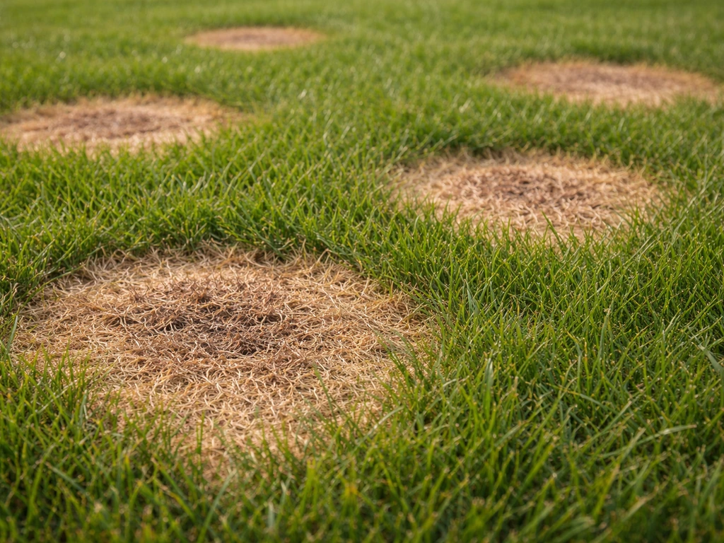 Detail van bruine schimmelplekken op gras met zichtbare rand en duidelijke grasstructuur eromheen.