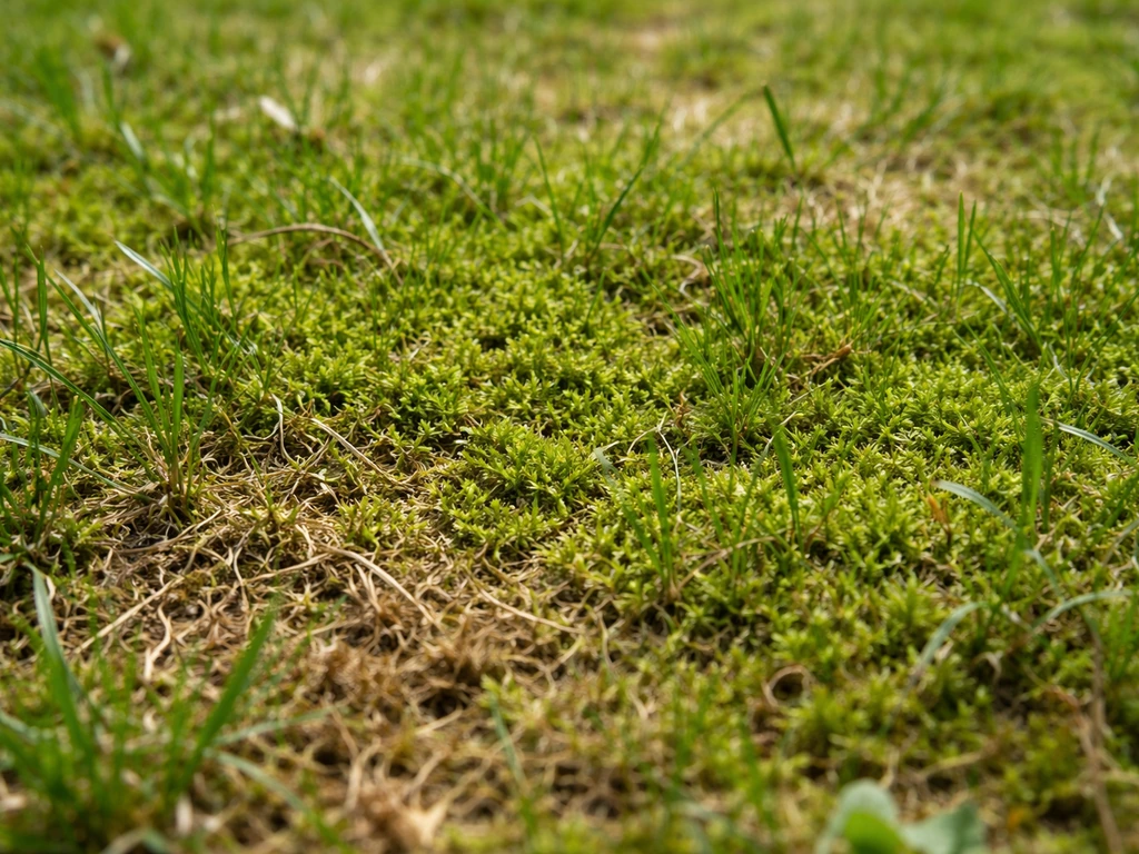 Close-up van mos tussen gras, met viltlaag en verkleuring op de bodem