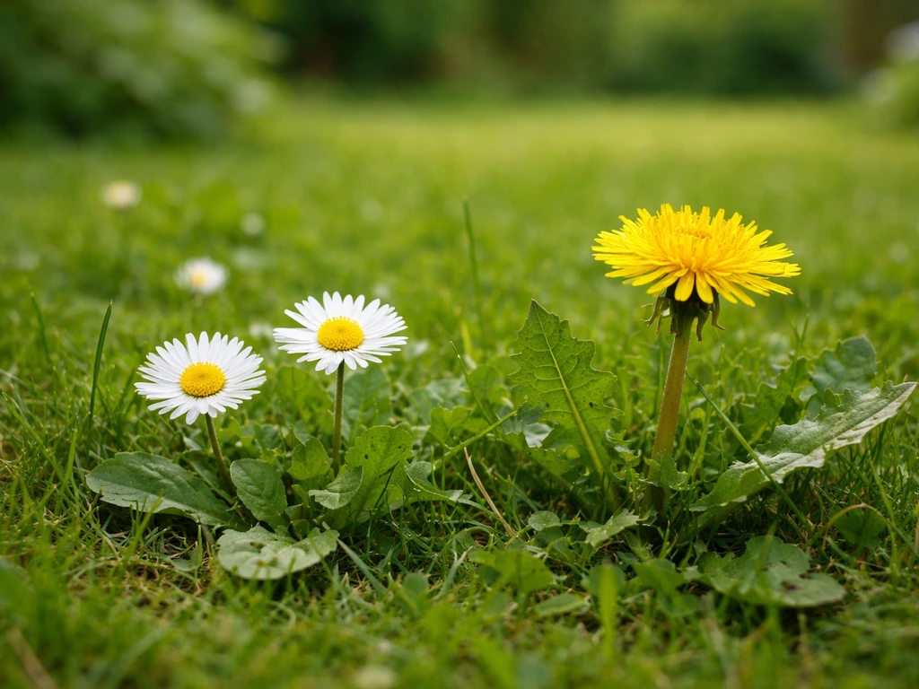 Groen gazon met twee duidelijke madeliefjes en een paardenbloem in beeld