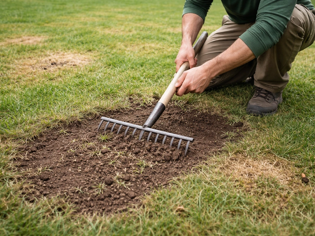 Anonieme tuinier verticuteert een kaal, verdicht loopplekje; omgewoelde grasmat en losse aarde zichtbaar.